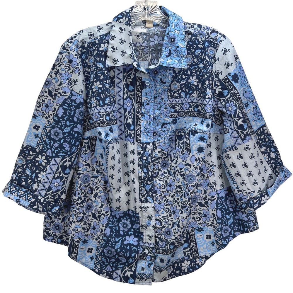 Woman Within Blue Patchwork Floral Button Down Shirt 3/4 Sleeve Size M